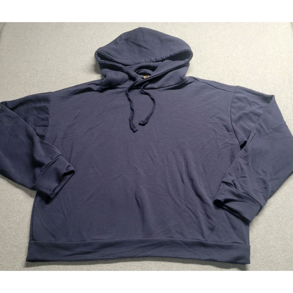 Quince SuperSoft Fleece Pullover Hoodie Navy Blue Size Large Cropped